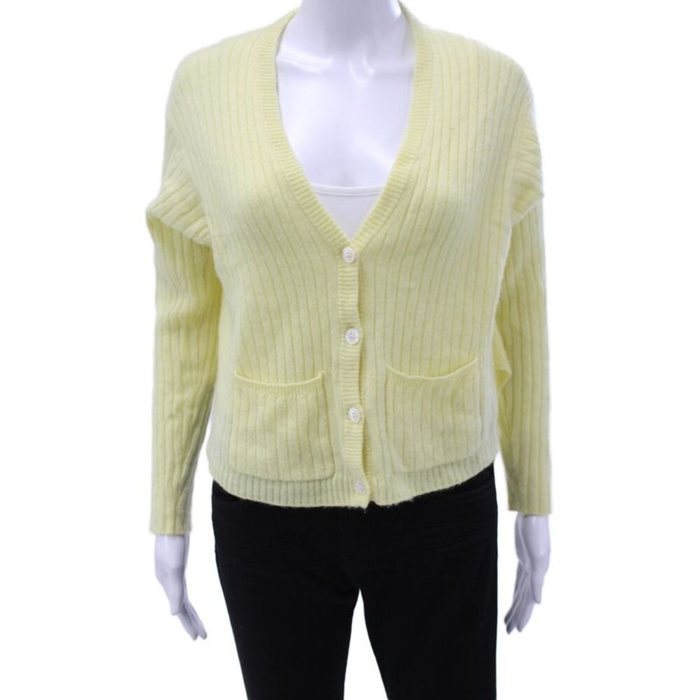 ATM Womens Yellow Striped 100% Cashmere V Neck Cardigan Long Sleeve Size S